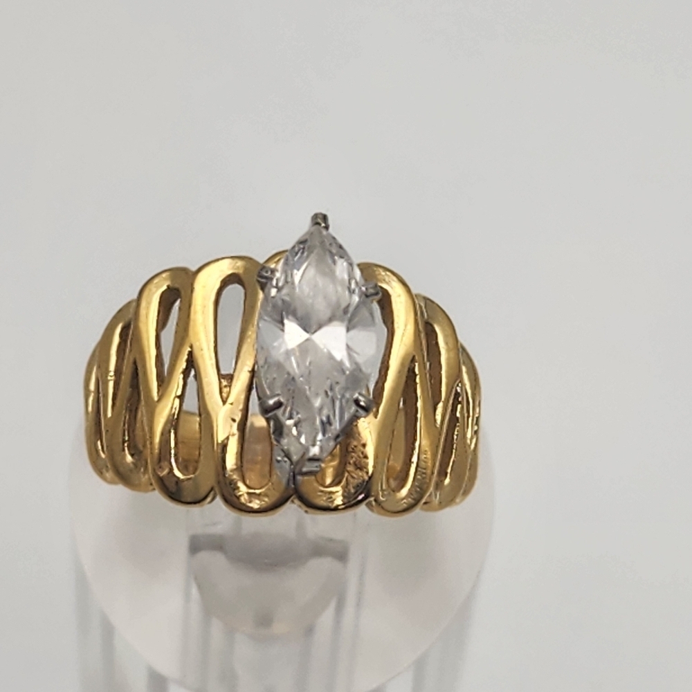 Vintage Vargas 18KT GE & Marquise Solitaire Rhinestone Ring (7.25)